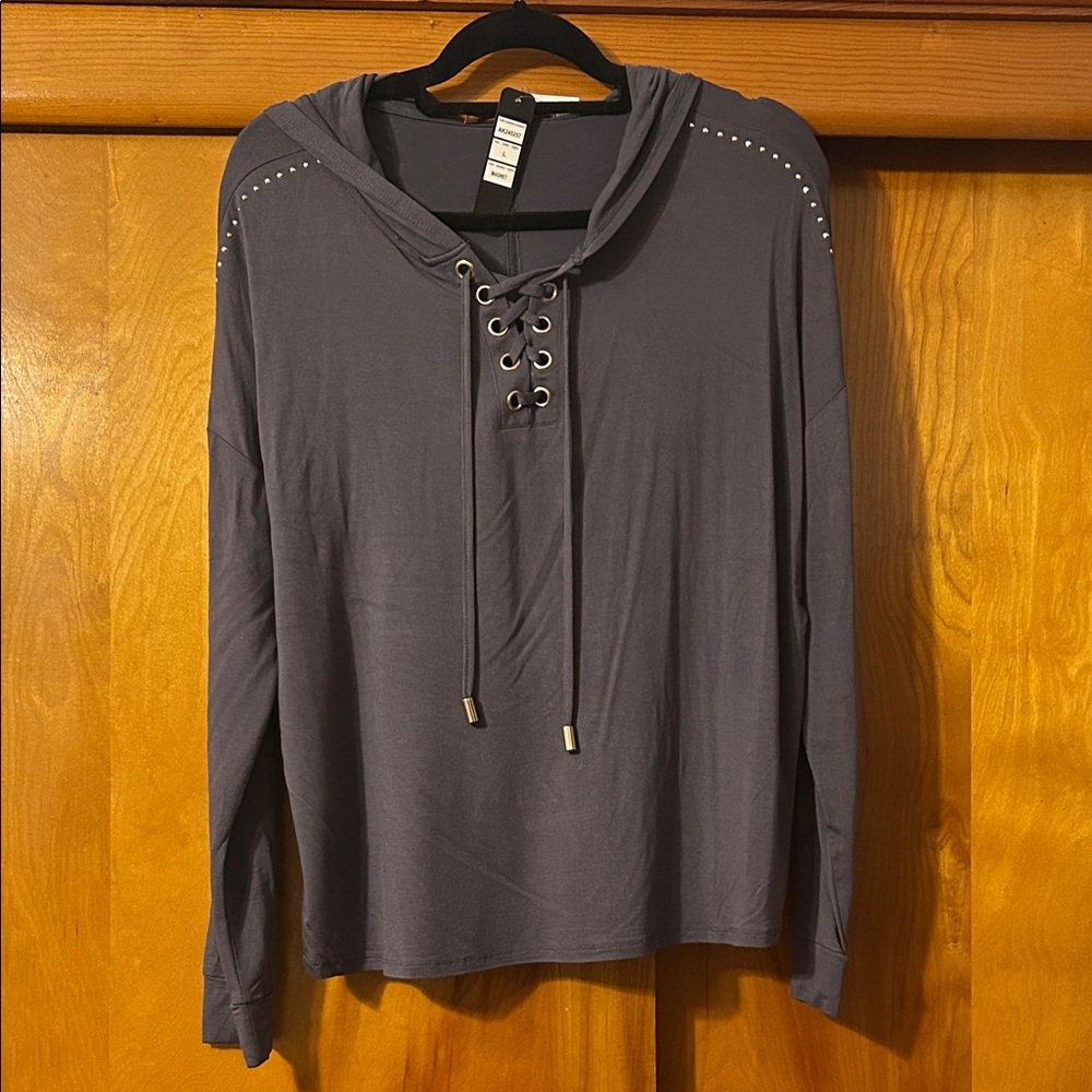 Lace-Up Hooded Long-Sleeve Top - Charcoal